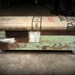 Salvaged wood and recycled coffee sack storage bench w/ industrial casters