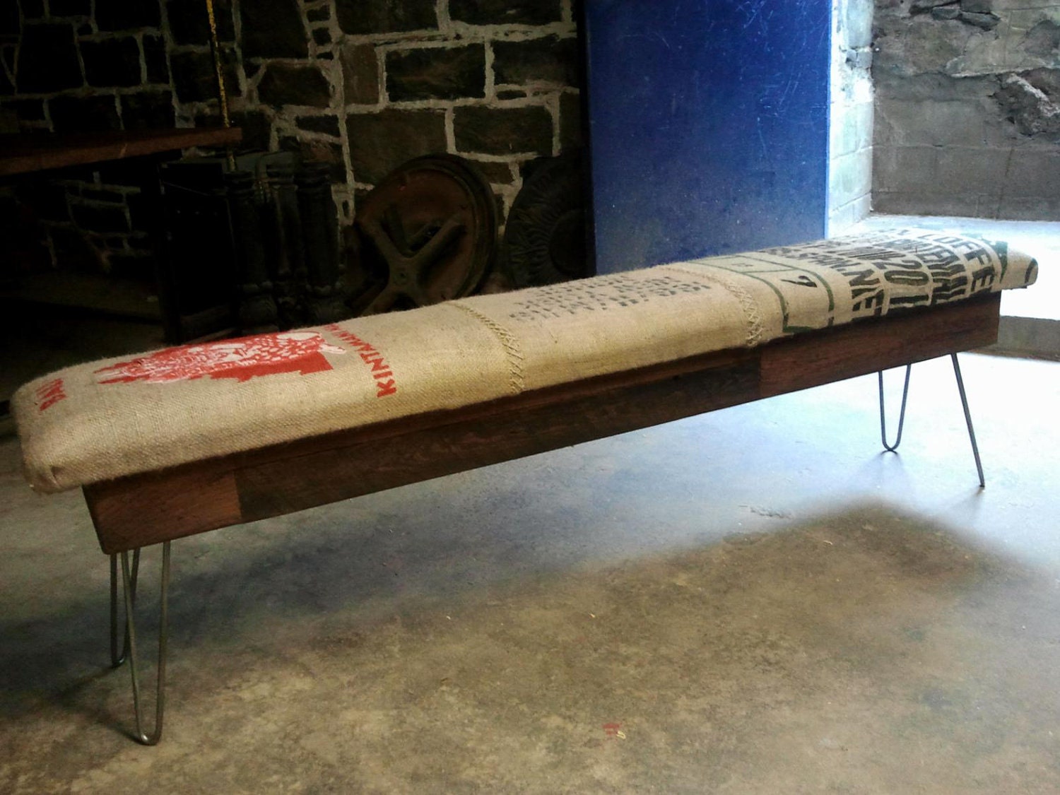 Salvaged wood and recycled steel coffee sack monster benches