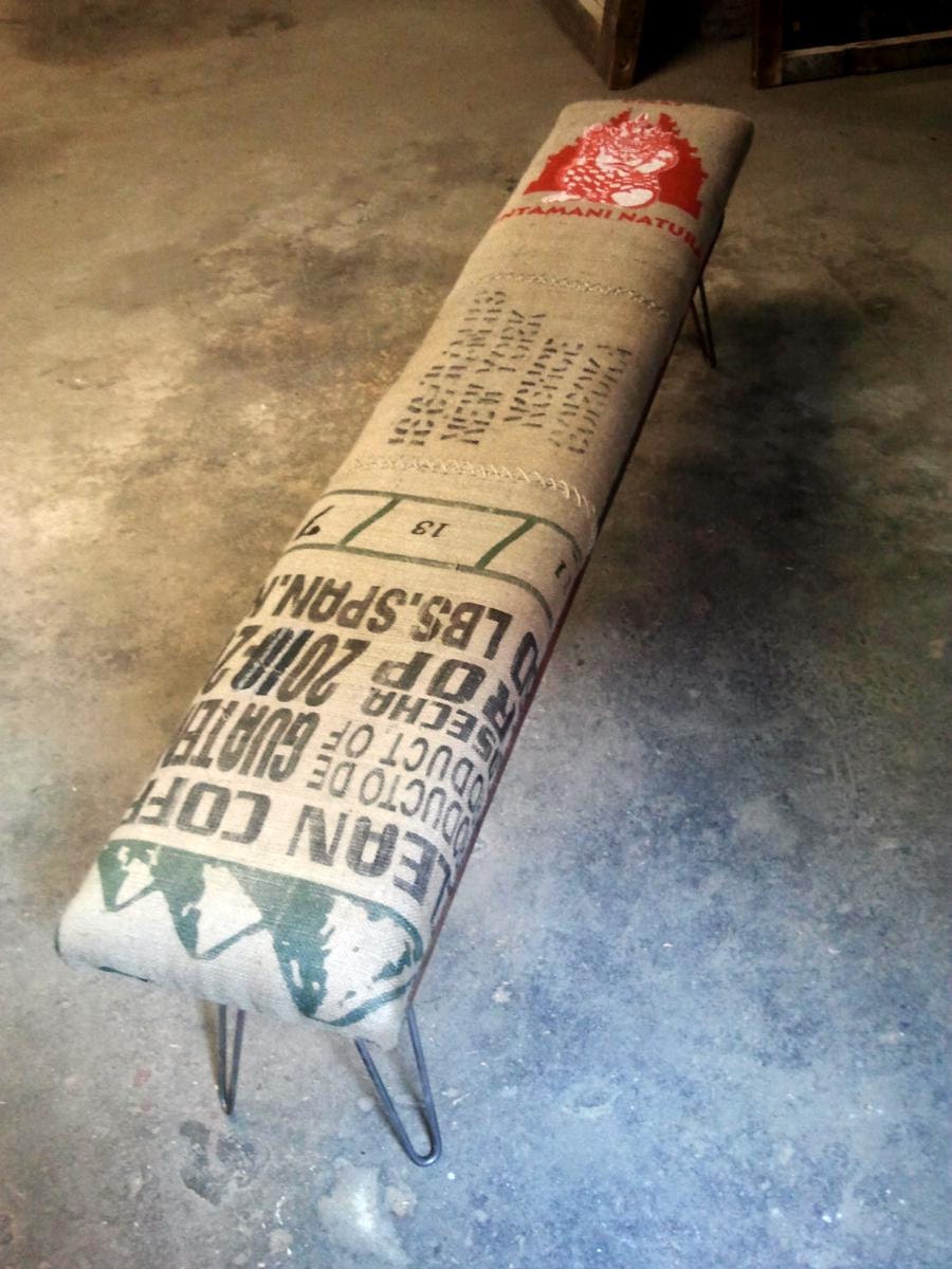 Salvaged wood and recycled steel coffee sack monster benches