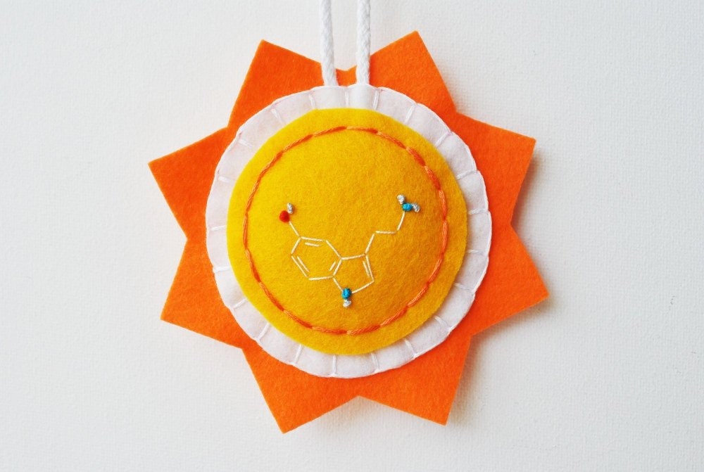 Happy Molecule Sun Ornament - Serotonin Embroidery - Wool Felt in Orange and Yellow -  Science Chemistry Psychology