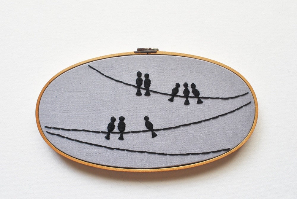 The Birds - Birds on a Wire Silhouette - Minimalist Industrial Embroidery Hoop Art - Fathers Day Gift