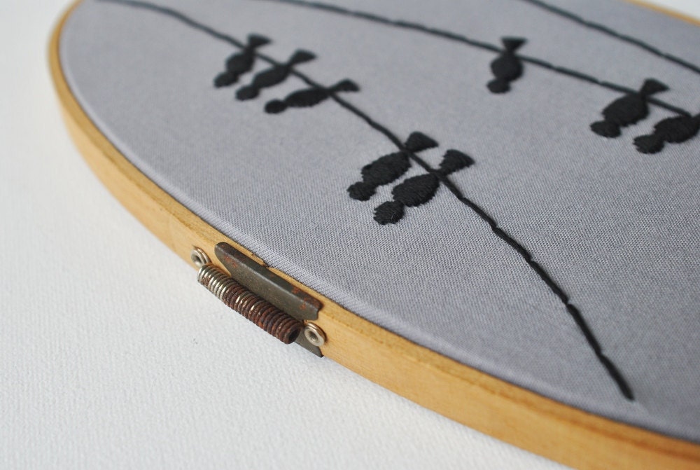 The Birds - Birds on a Wire Silhouette - Minimalist Industrial Embroidery Hoop Art - Fathers Day Gift