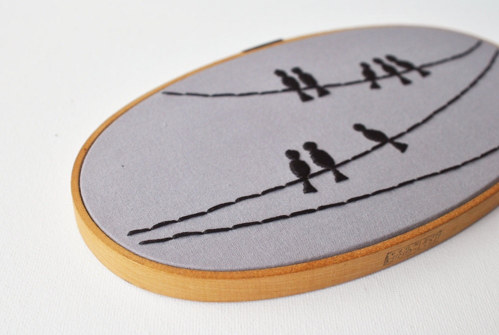 The Birds - Birds on a Wire Silhouette - Minimalist Industrial Embroidery Hoop Art - Fathers Day Gift