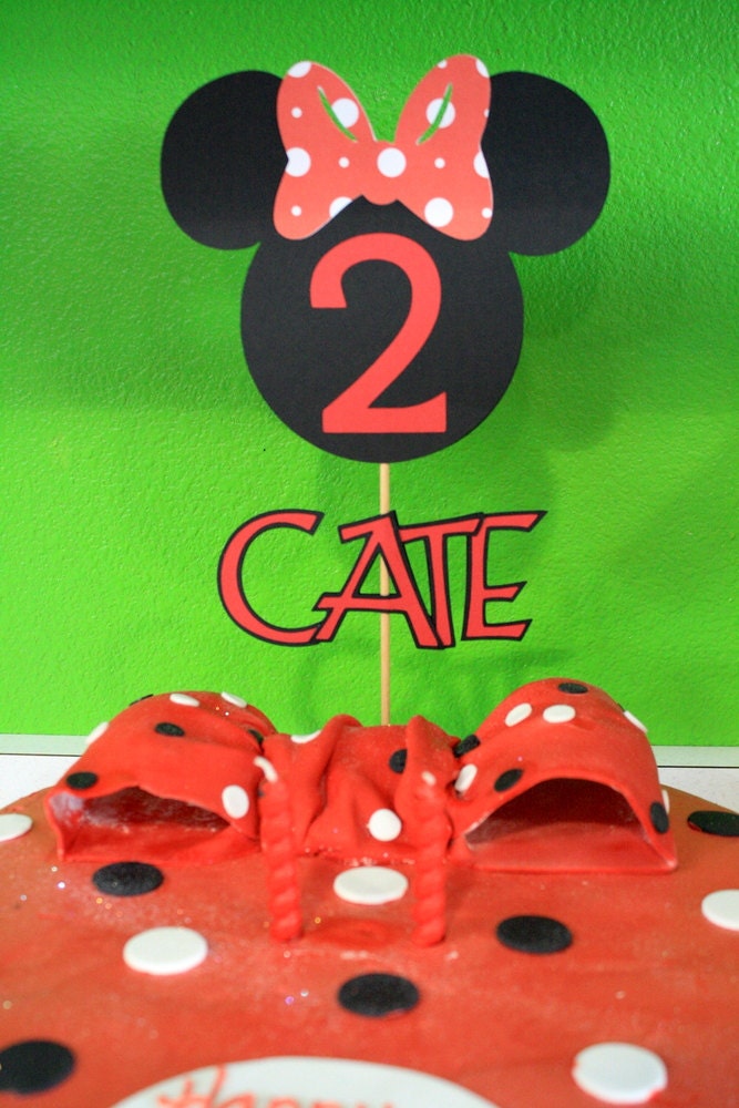Red with Whit Polka Dots Minnie Mouse Cake Topper - Fully Customizable Unique for Birthday Parties, Baby Showers, Special Occasions