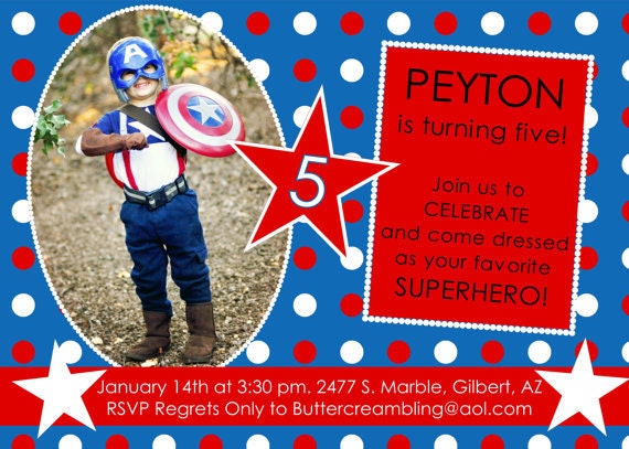 Captain America Inspired Superhero Birthday Party Invitation - Digital File