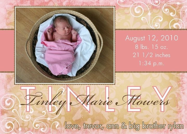 Baby Girl Birth Announcement - Vintage/Damask - Digital File Il_570xn