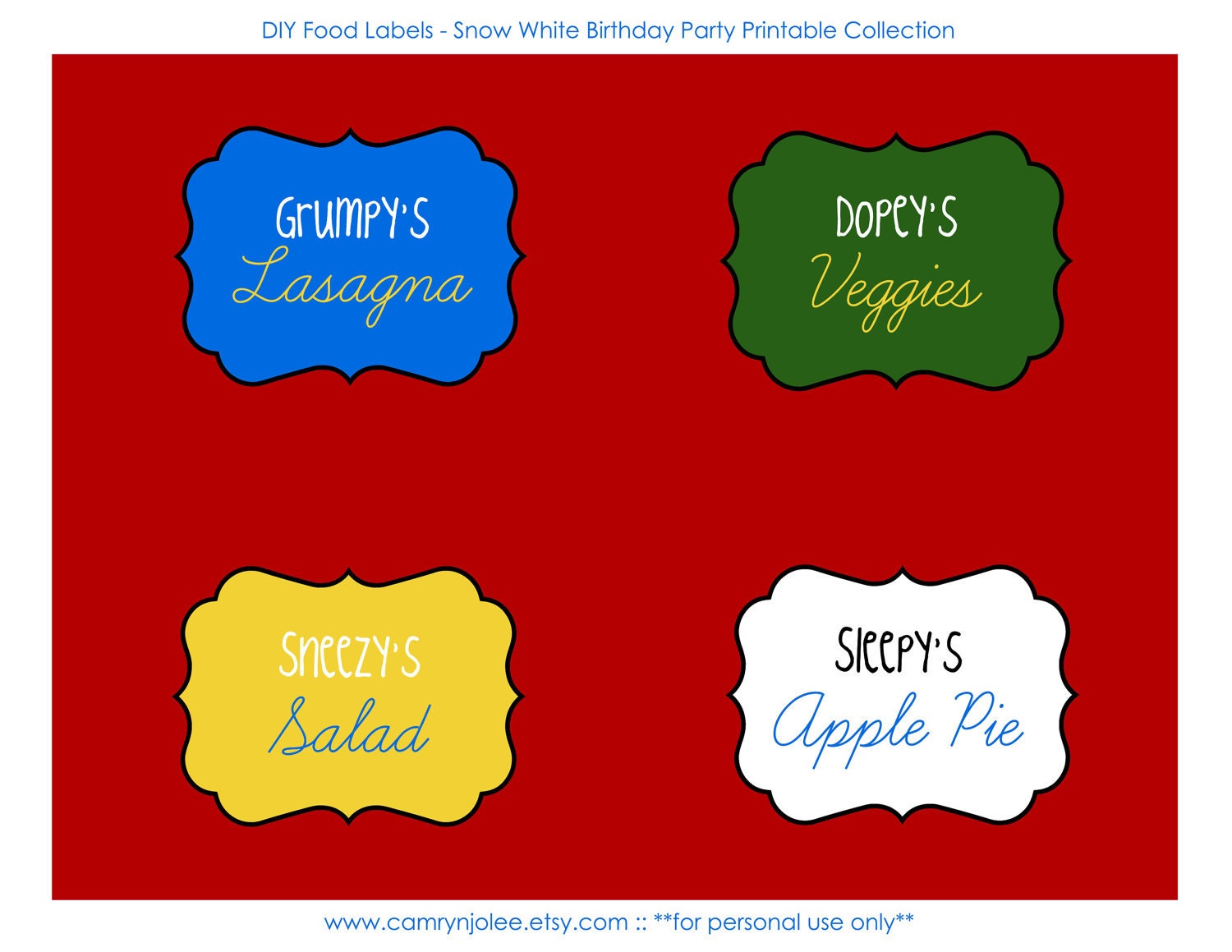 Snow White Inspired Birthday Party Personalized Food Signs - Digital File Il_570xn