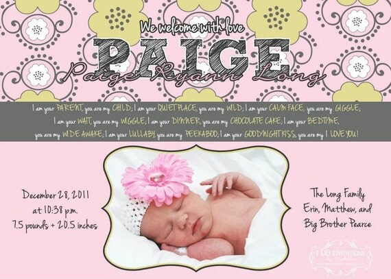 Baby Girl Birth Announcement - Vintage Pink and Gray Poem - Digital File Il_570xn
