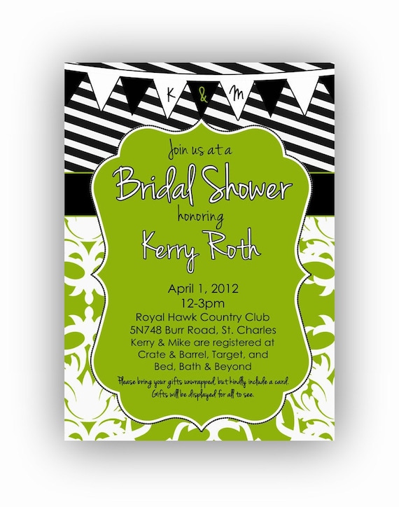 Modern Bridal Shower Invitation - Black & Green Damask - Digital File Il_570xn