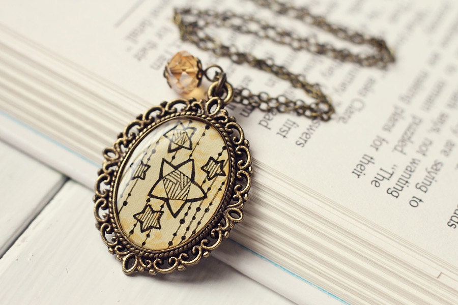 Hand Painted Art Pendant Necklace, Original Painting, Ink Drawing - Falling Stars