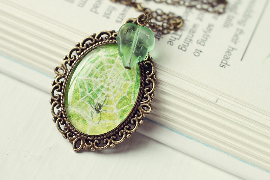 Vintage Art Pendant Necklace, Halloween - The Spider's Web