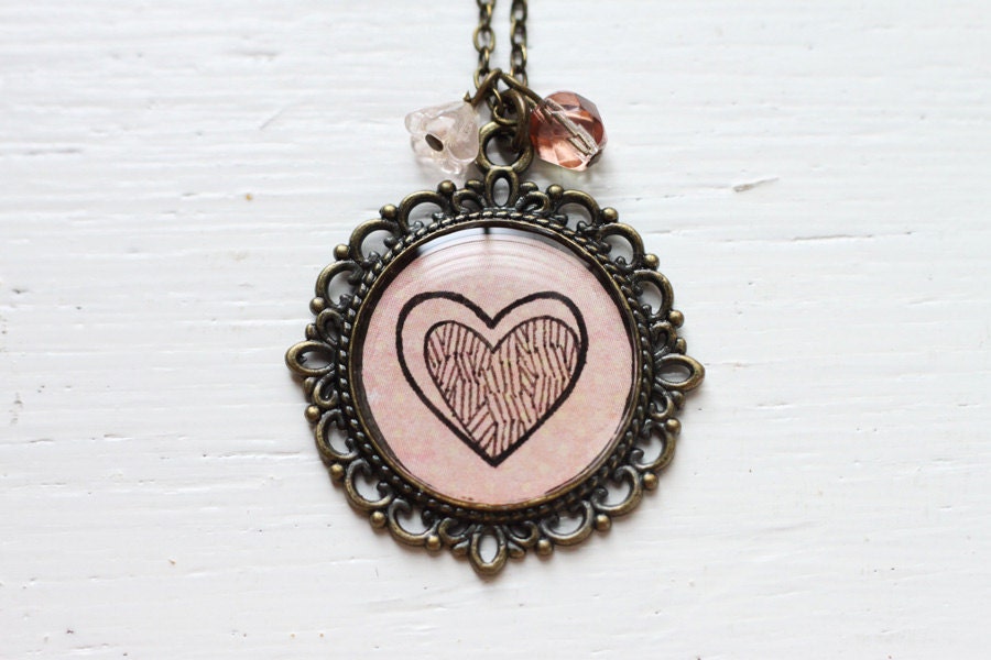 Pink Valentines Hand Drawn Art Pendant Necklace, Original Painting - Eclipse of the Heart