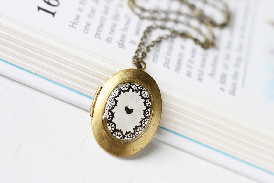 Hand Drawn Art Locket Pendant Necklace, Original Painting - Heart Laces