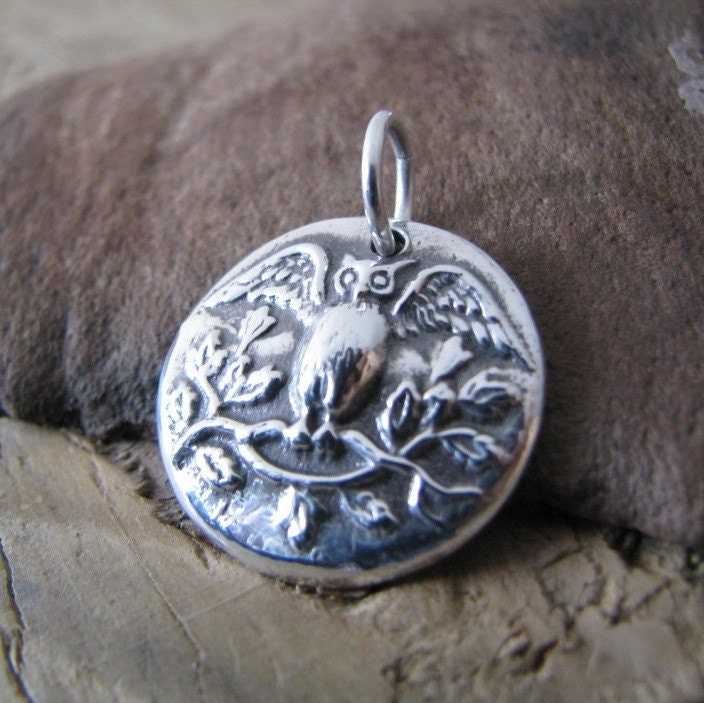 Spreading My Wings, PMC Owl Pendant, Vintage Button Reproduction in Fine Silver with Sterling Finding