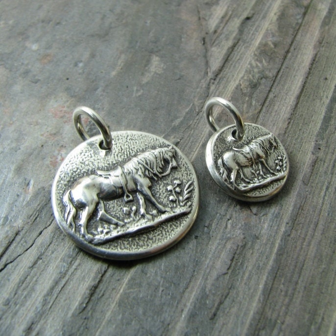 Mother and Daughter Set, Patience, Horse Jewelry, Two Saddled Horse Pendants in Fine Silver