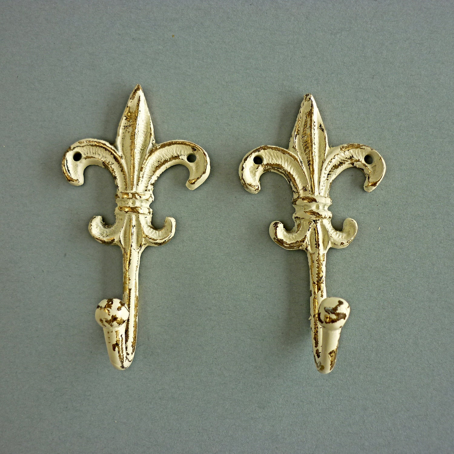 2 Vintage Hooks Painted Fleur de Lys