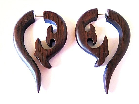 SALE Beautiful brown wooden fake gauge earrings