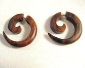 Stunning spiral brown wooden fake gauge earrings- organic spirals