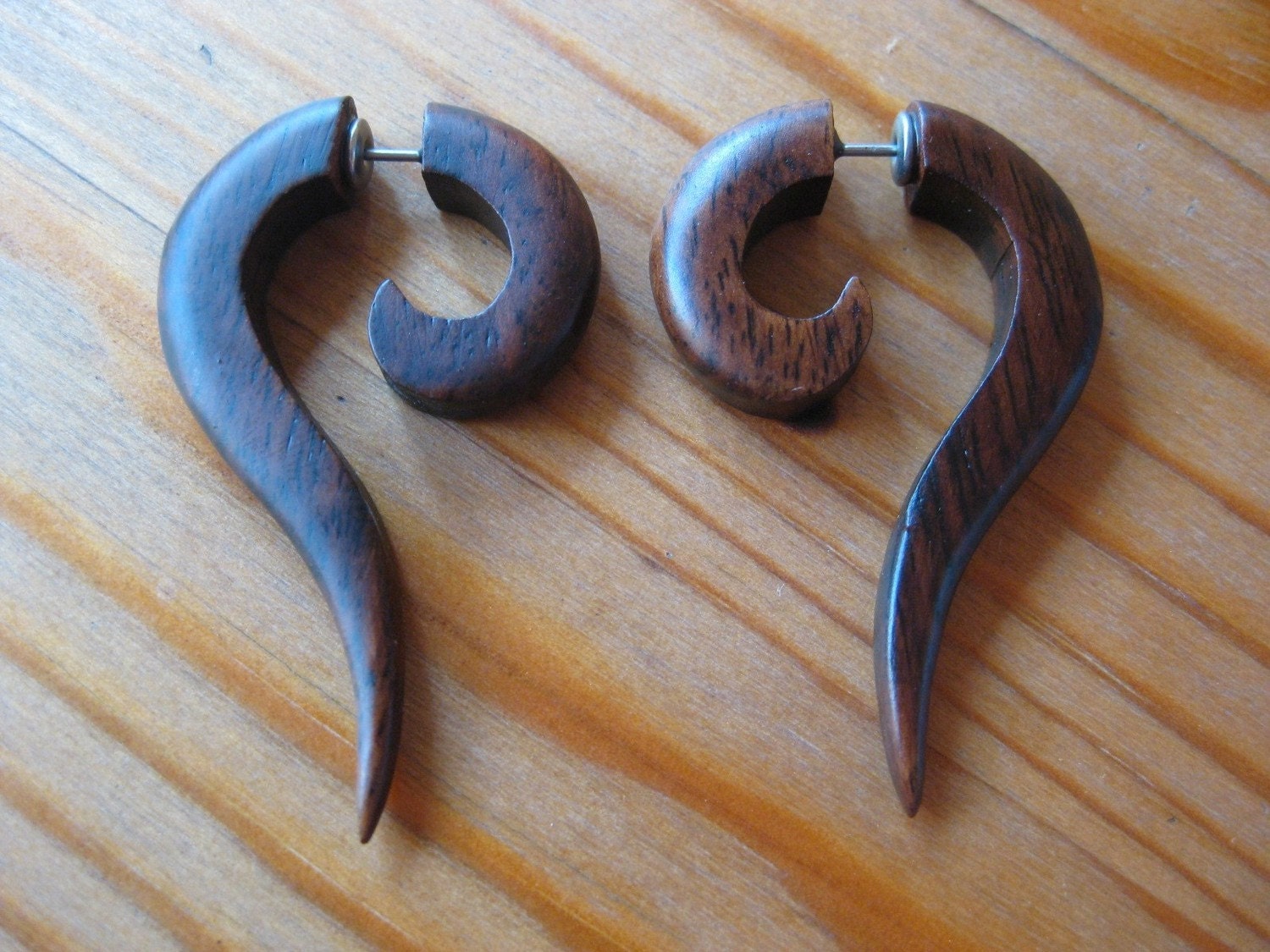 SALE Spiral wooden fake gauge earrings- Brown