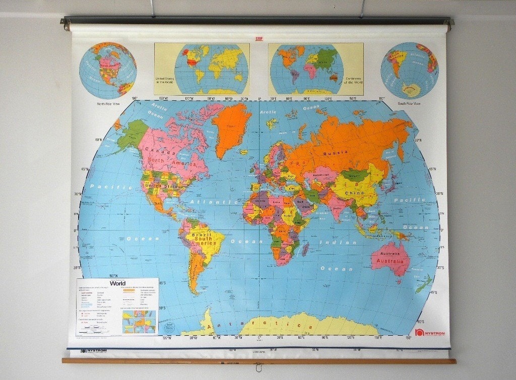 Colorful Classroom Pull Down Map, World / U.S. Map Combo, Plasticized, North America, Nystrom
