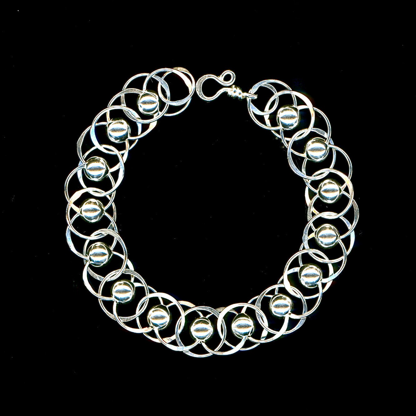 Beaded Bracelet, Sterling Silver Circle, Beaded Chainmaille Bracelet, Silver Beaded Chain, Chain Circles