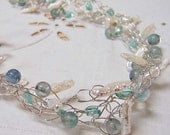 Necklace- Sterling Silver Wire Crocheted with Freshwater Pearls, Apatite, Fluorite