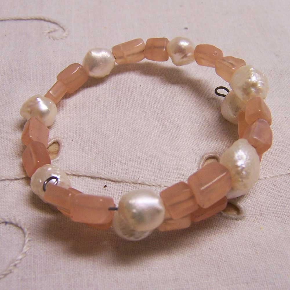 Memory Wire Bracelet-Rose Quartz Rectangles, Freshwater Pearls