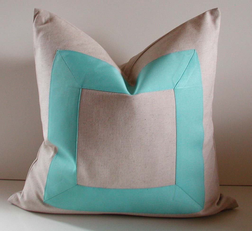 Natural cotton - 18 - 20 - 22 inch - Decorative Pillow - fabric with aqua ribbon embellishment - Made to Order