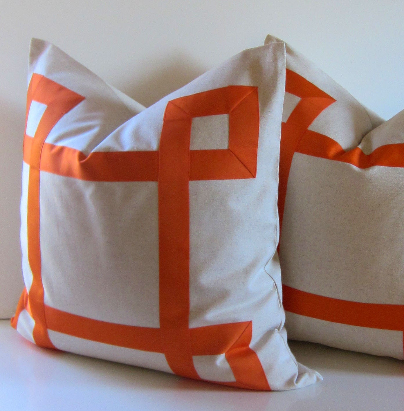 Set of Two -Natural Cotton Pillows - 22 inch - Decorative Pillow - Orange Ribbon embellishment - euro sham - tangerine tango