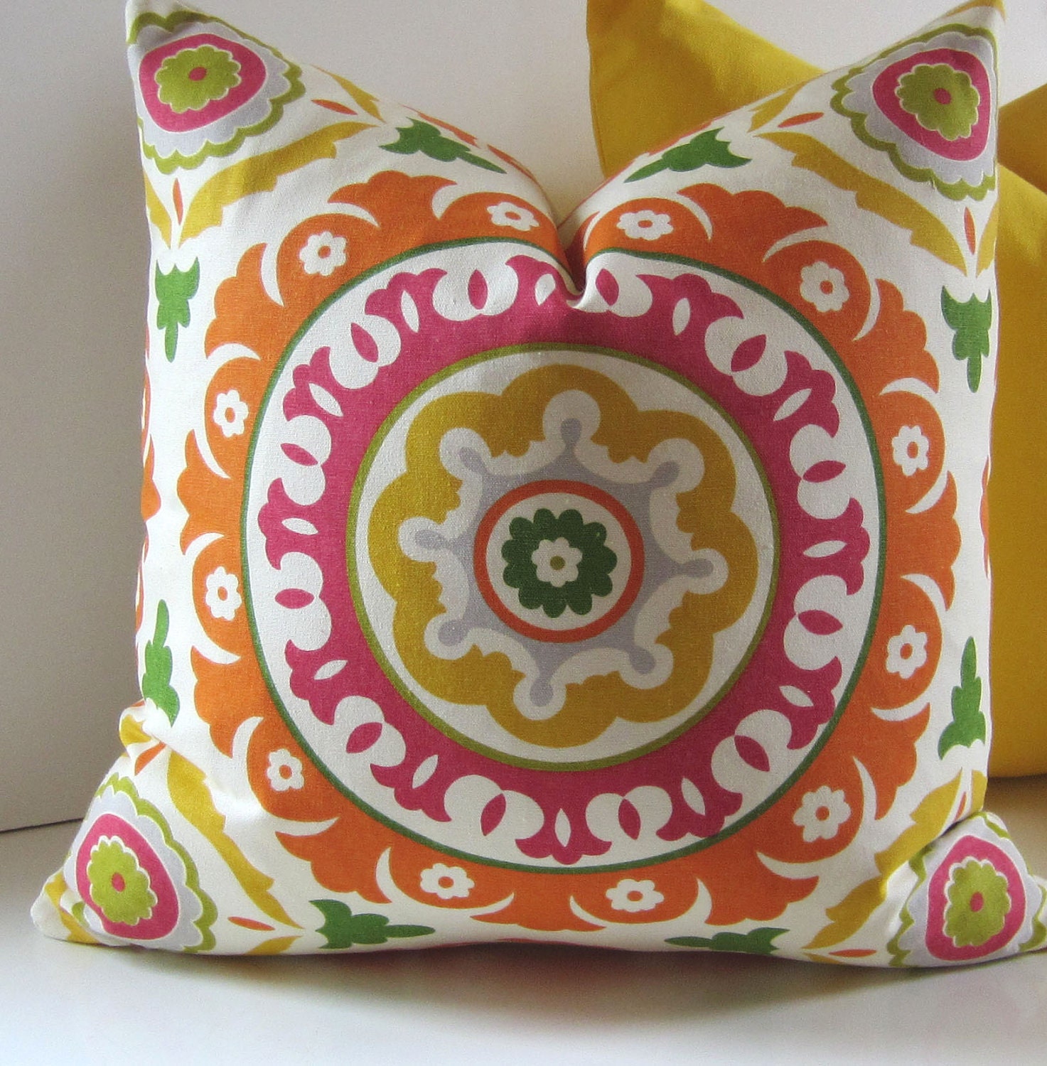 SUMMER SALE 50% off - Suzani Pillow - Decorative Pillow - 18 inch - Suzani - pink - yellow - orange - green - light blue - ready to ship