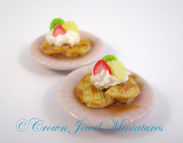 TWO Fruit Topped Waffles on PINK Plates by Crown Jewel Miniatures