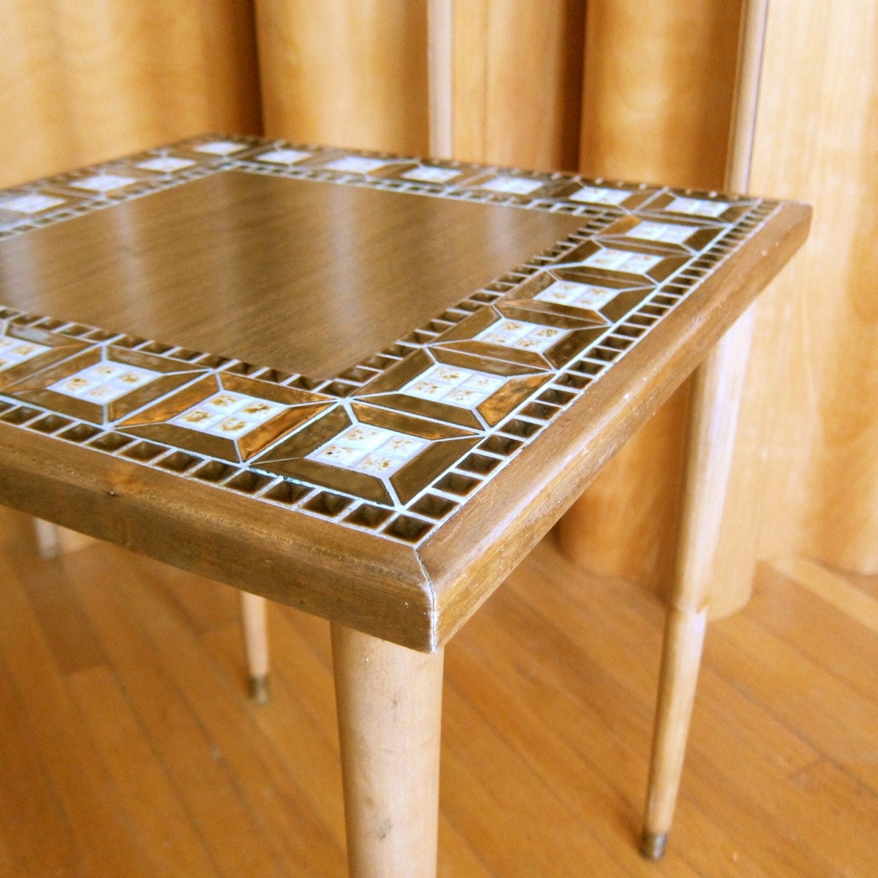 Mid Century Modern Tile Top Side Table with Metallic Bronze Glaze End Table