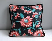 Vintage Fabric Pillow Cover - Black Floral Cotton - Decorative Pillow Throw Pillow