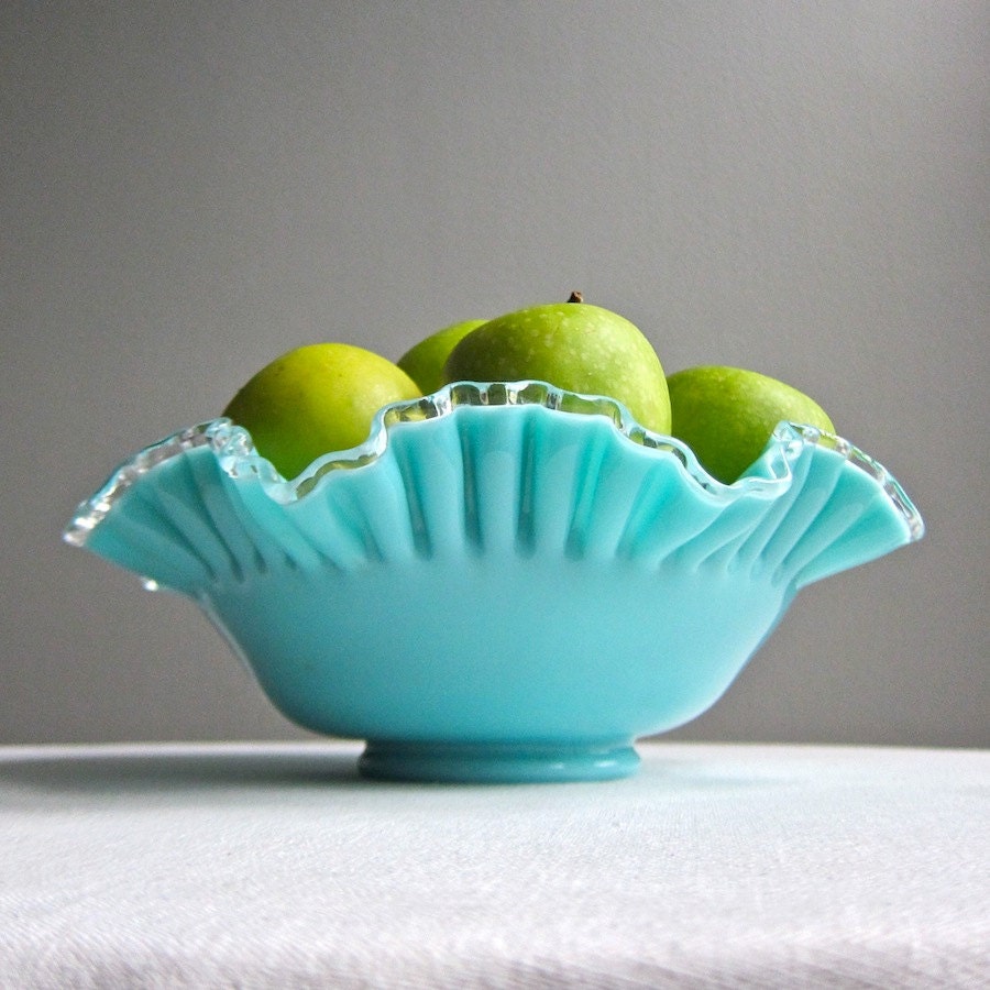 Turquoise Silver Crest Blue Milk Glass Bowl by Fenton, 1950s