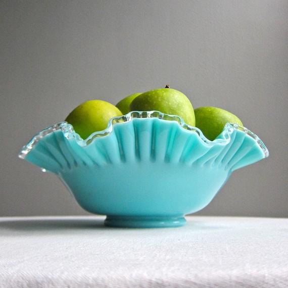 Turquoise Silver Crest Blue Milk Glass Bowl by Fenton, 1950s