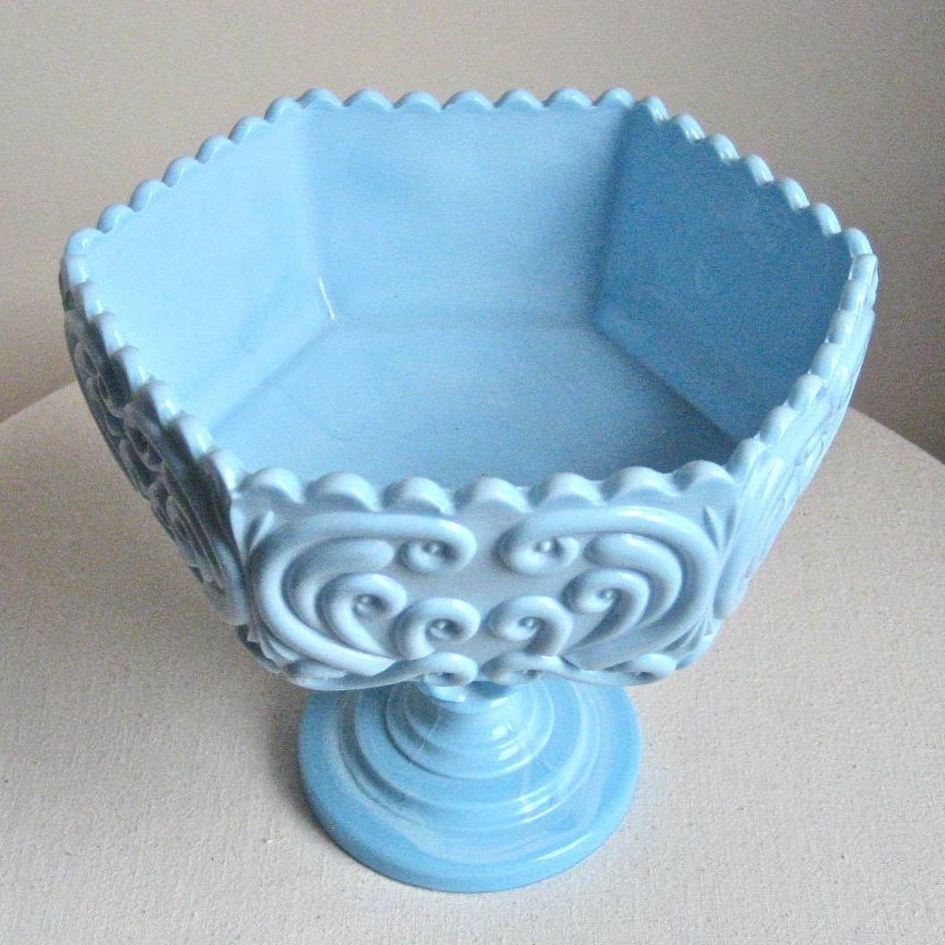 Scroll Pattern Blue Milk Glass Compote by Imperial Glass Co., circa 1960