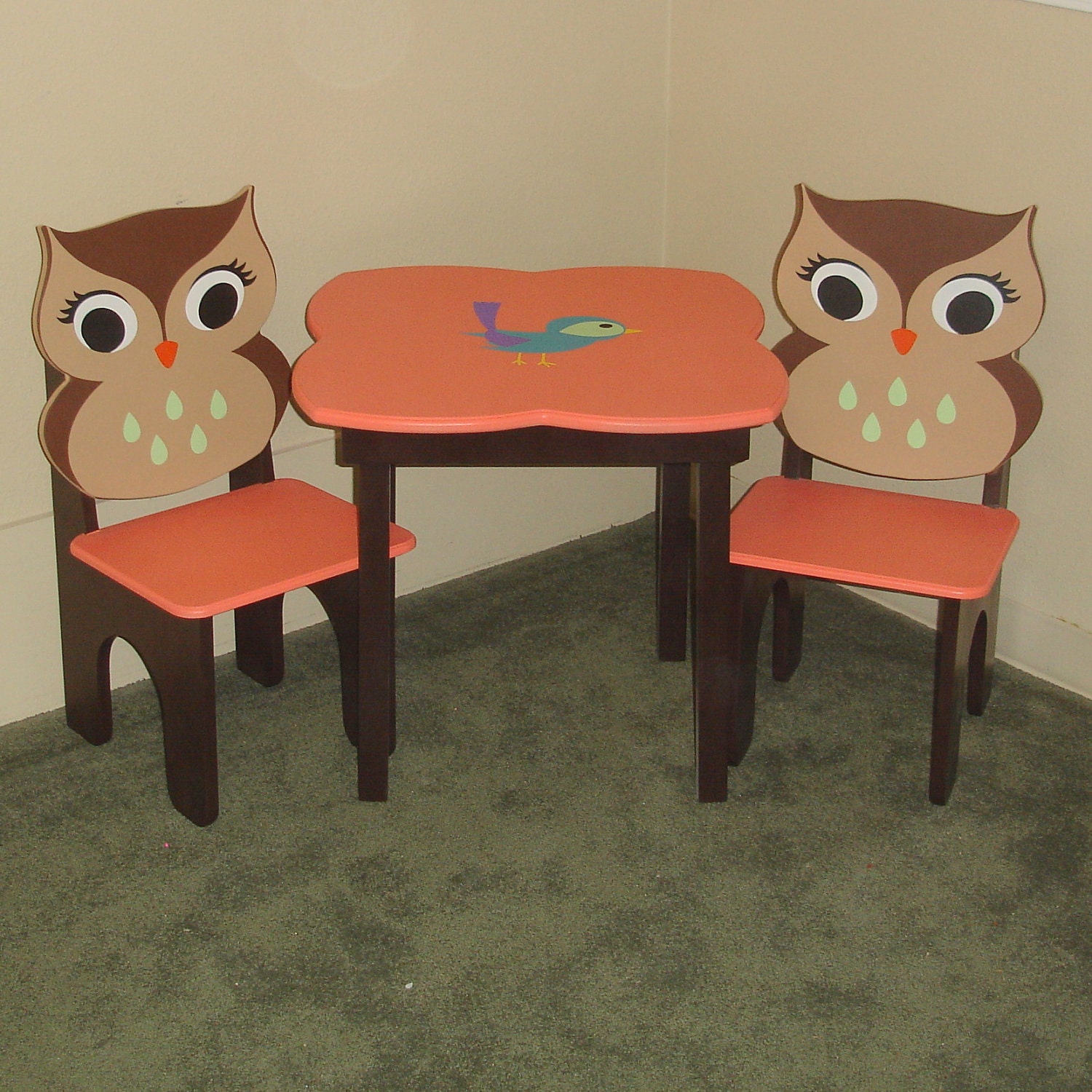 Brown and Coral Little Girls Table and Owl Chair Set