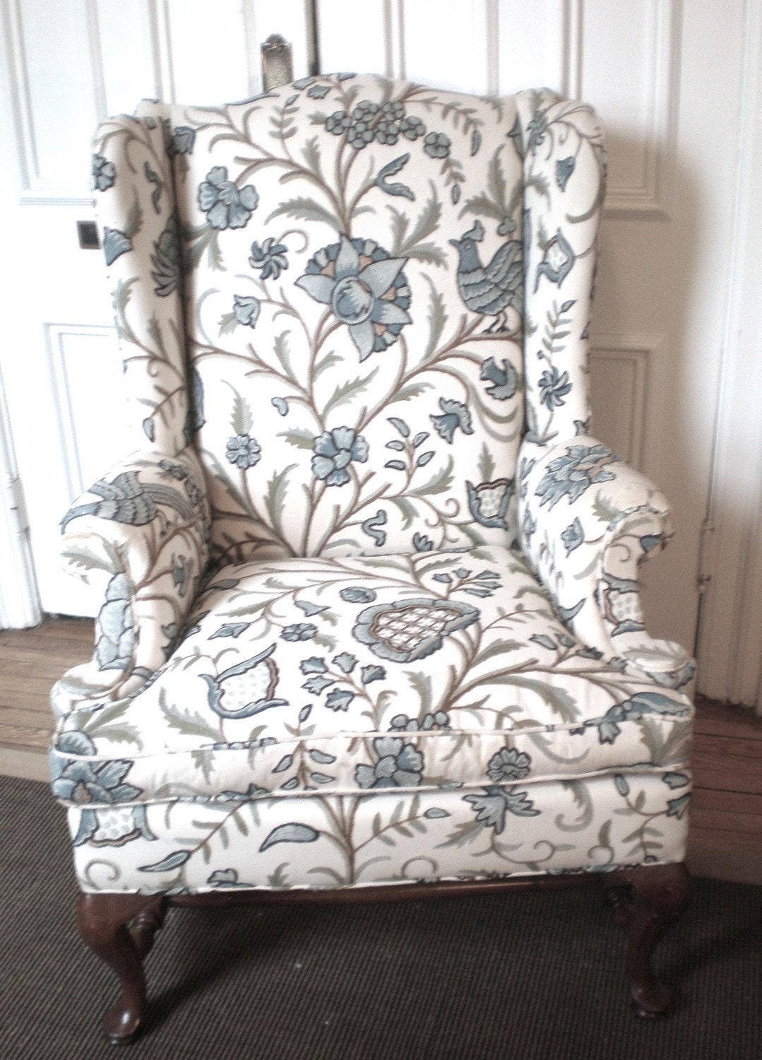 SALE Vintage Crewel Work, Wing Back Blue Botanical/By Hickory Chair