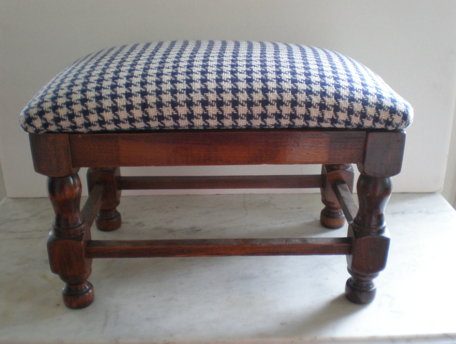 Vintage Turned Wood Foot Stool / Blue Houndstooth