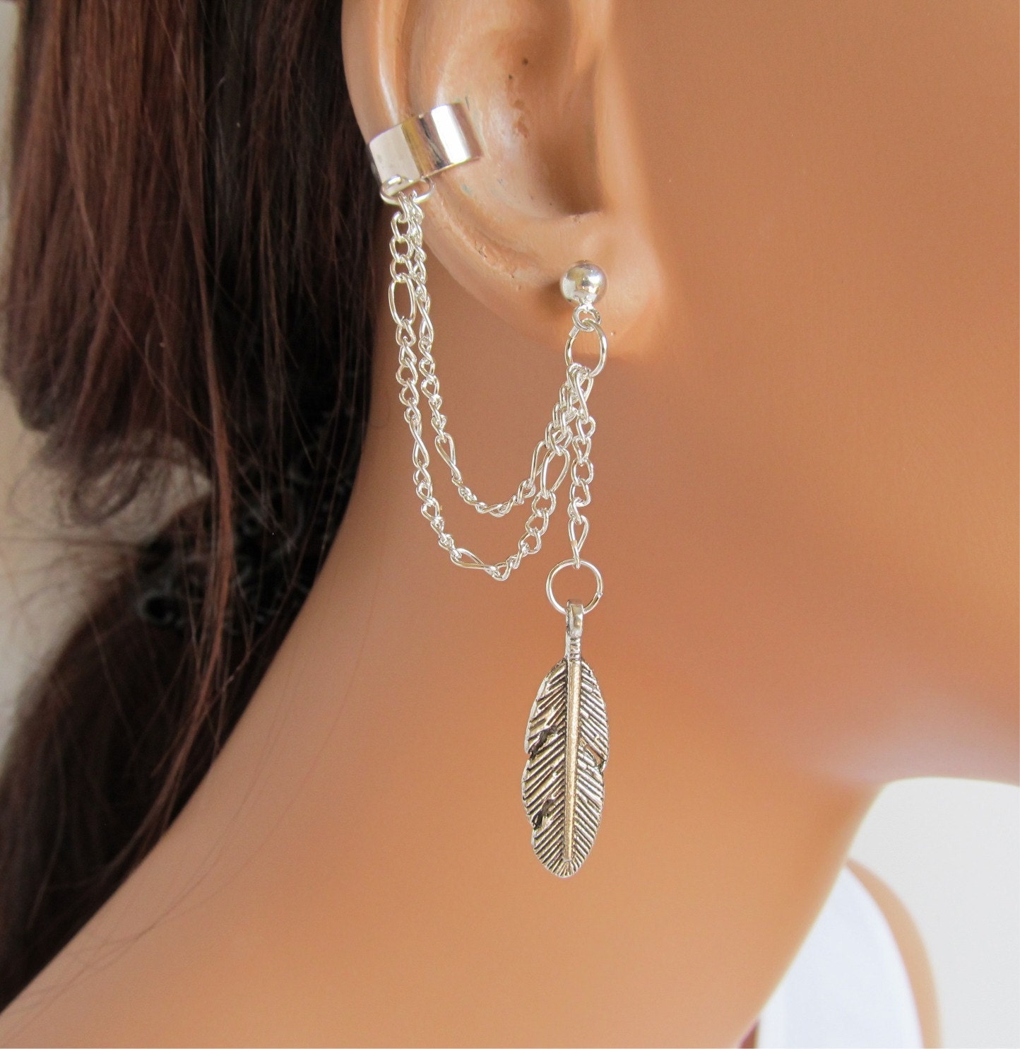 Ear Cuff Silver Double Chain Large Feather and Earring