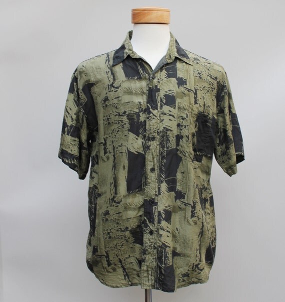 80s Vintage Men's Silk Shirt Abstract Pattern SMALL by KFTvintage