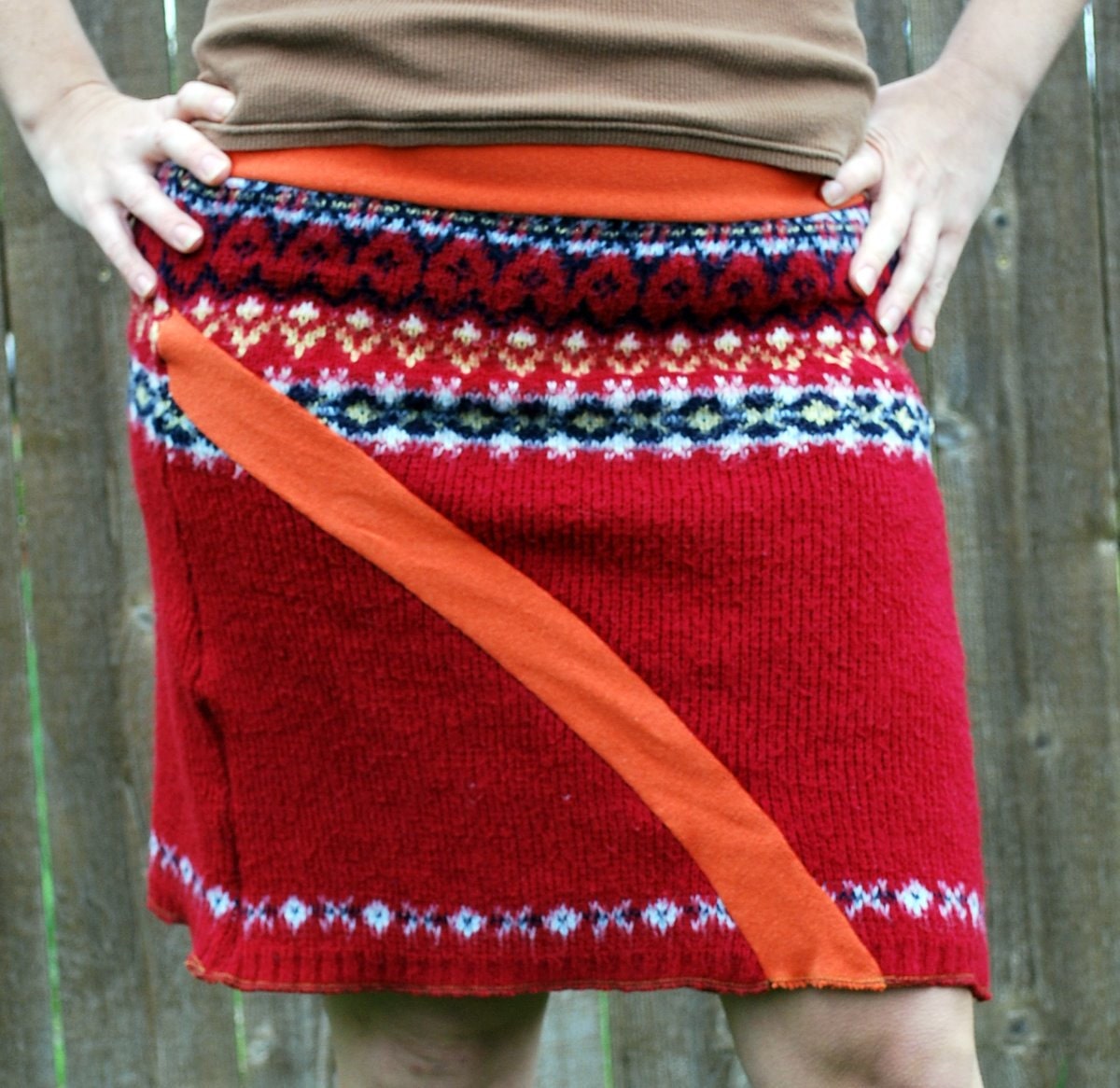 Upcycled sweater skirt in red and orange  CLEARANCE
