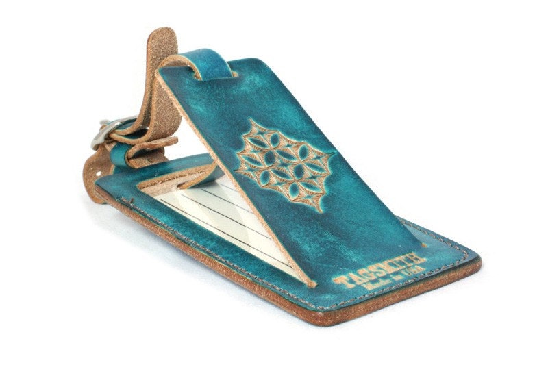 Turquoise Tooled Leather Luggage Tag