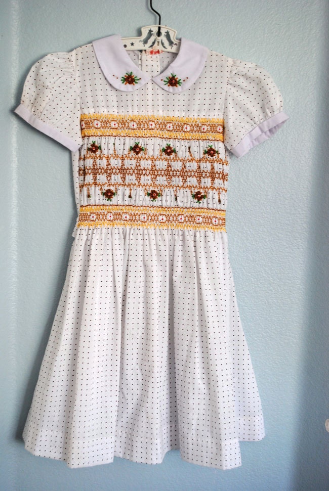 RESERVE vintage tween girl white/brown polka dot smocked dress