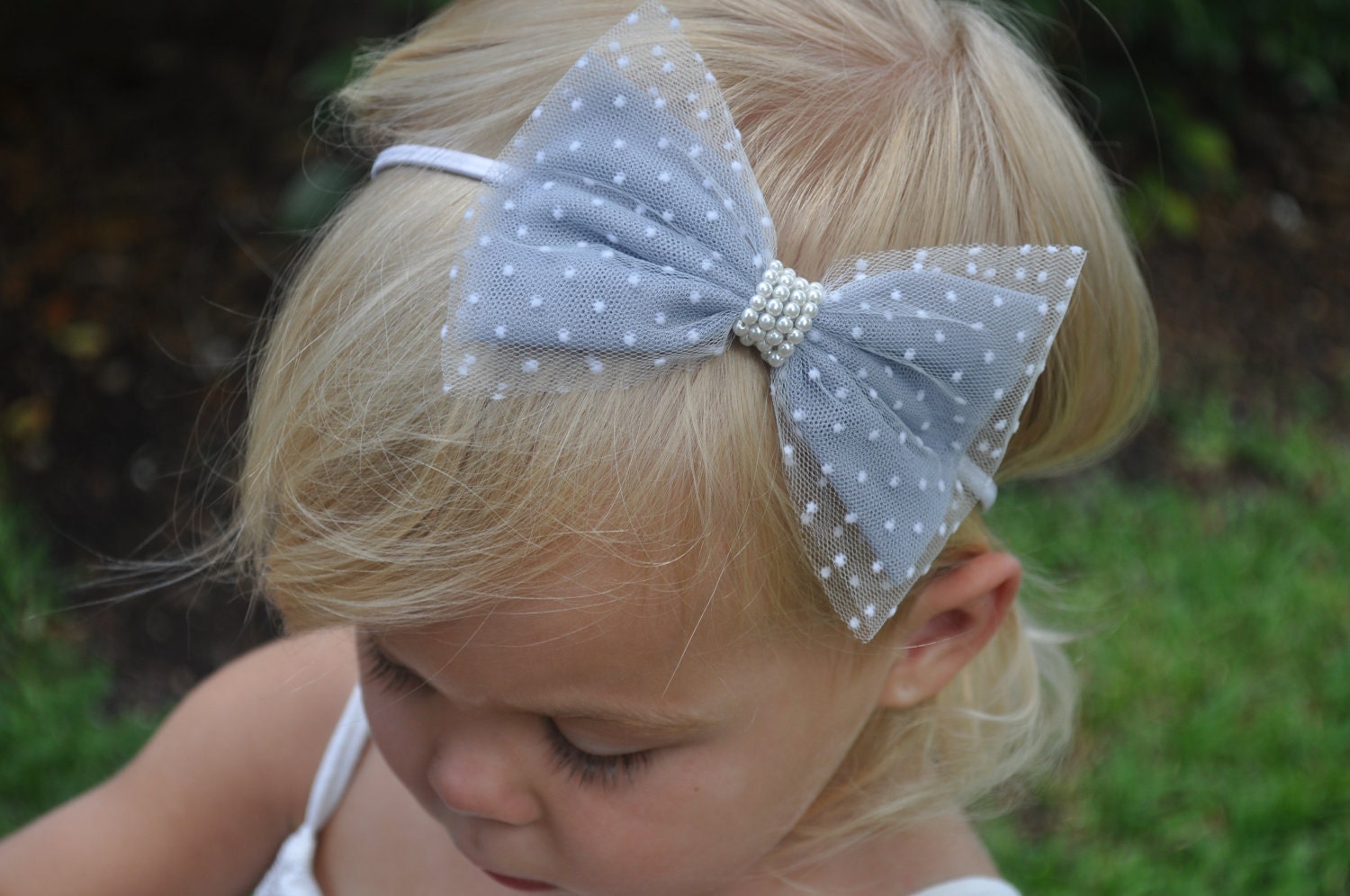 Polka Dots & Pearls-- Gray and White-- Lace and Organza "Hair Bow" Headband- Rows of Pearls Adorn the Center- The most UNIQUE Accessory