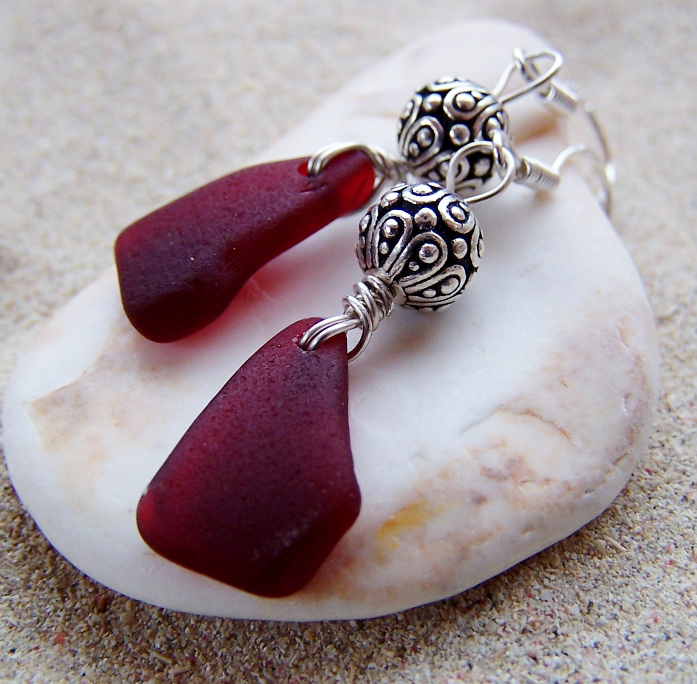 Sea Glass Earrings - Rare Red with Silver Bali Accents