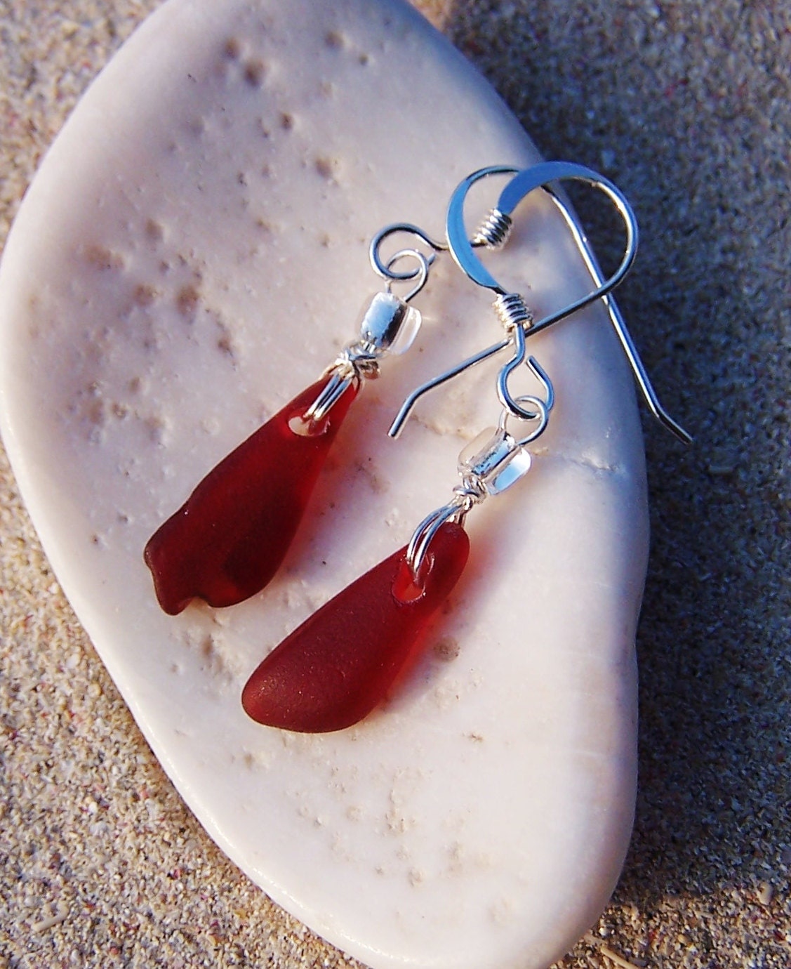 Sea Glass Earrings - Rare Ruby Red Slivers