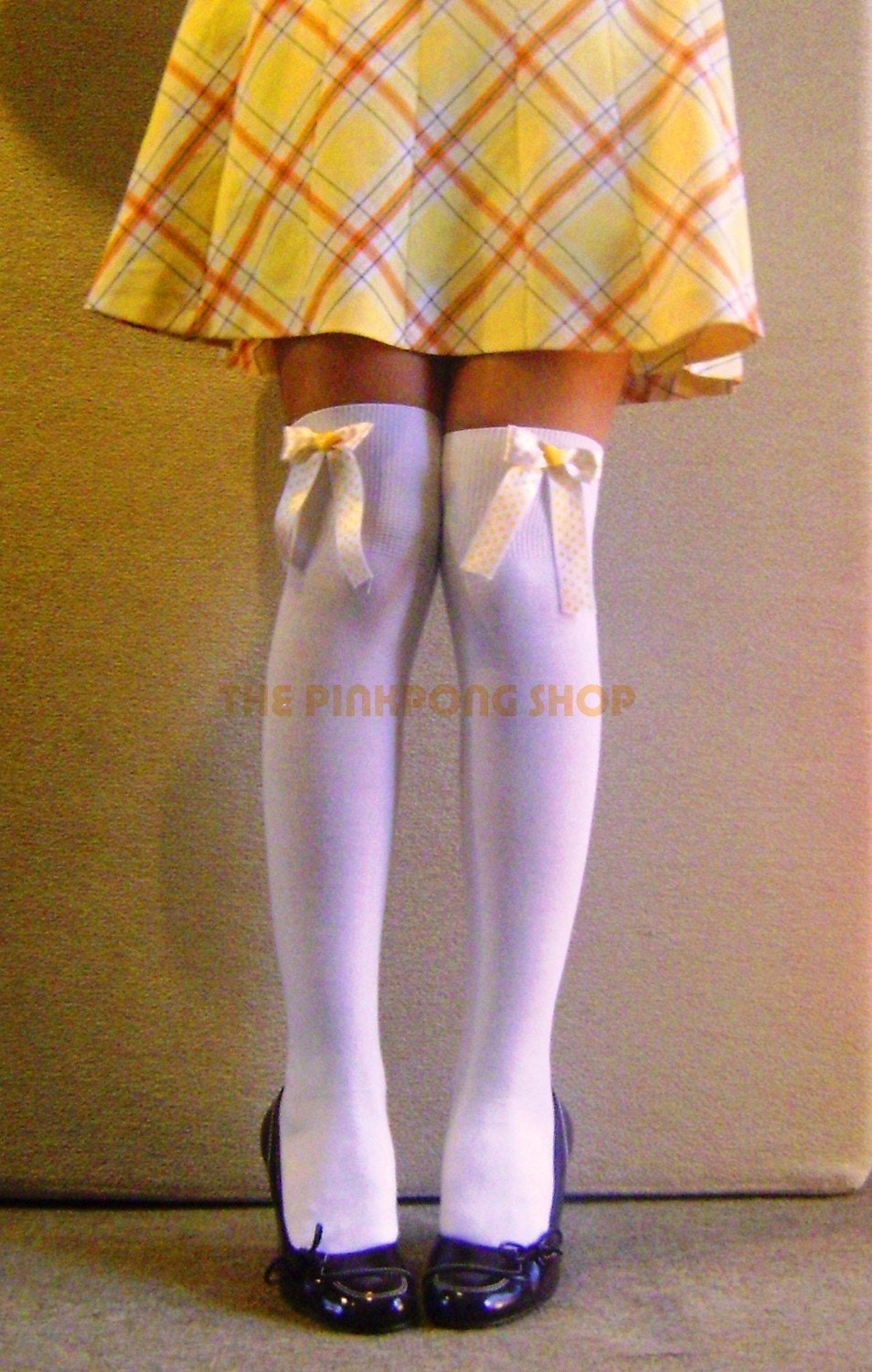 white knee high socks with red bows