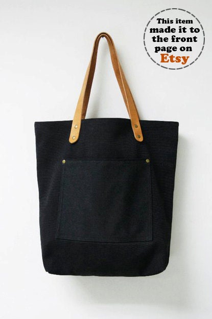 Leathinity - Black Canvas Tote Bag w/ Genuine Leather Handles - Eco Friendly