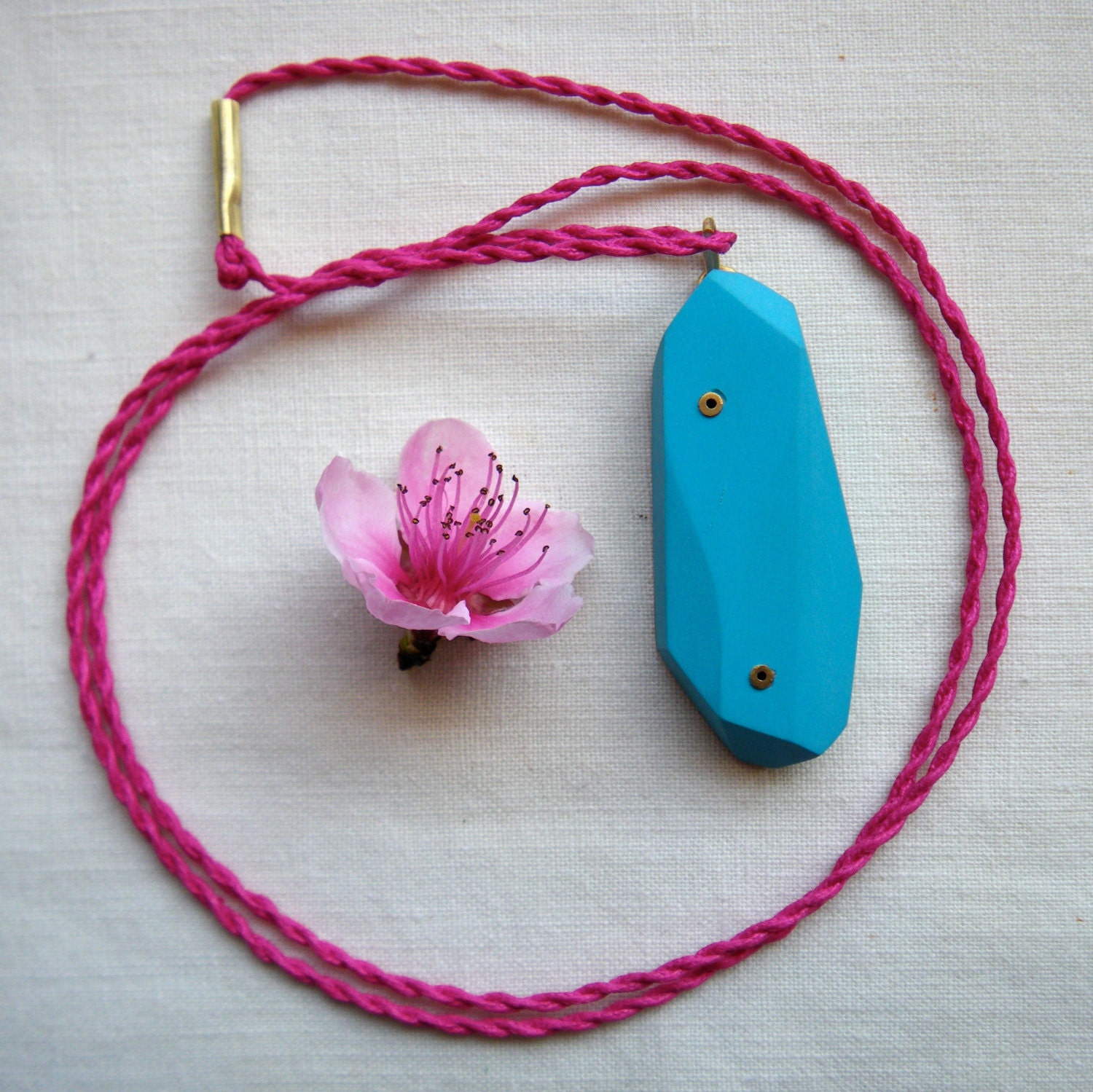 Peach Blossom and Turquoise faceted pendant on a cerise cord by Hybrid Handmade, Cari-Jane Hakes